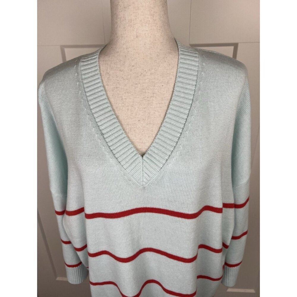 Mersea Oversized V-Neck Sweater Aqua Red Stripe Coastal Knit One Size Tunic - Picture 2 of 9